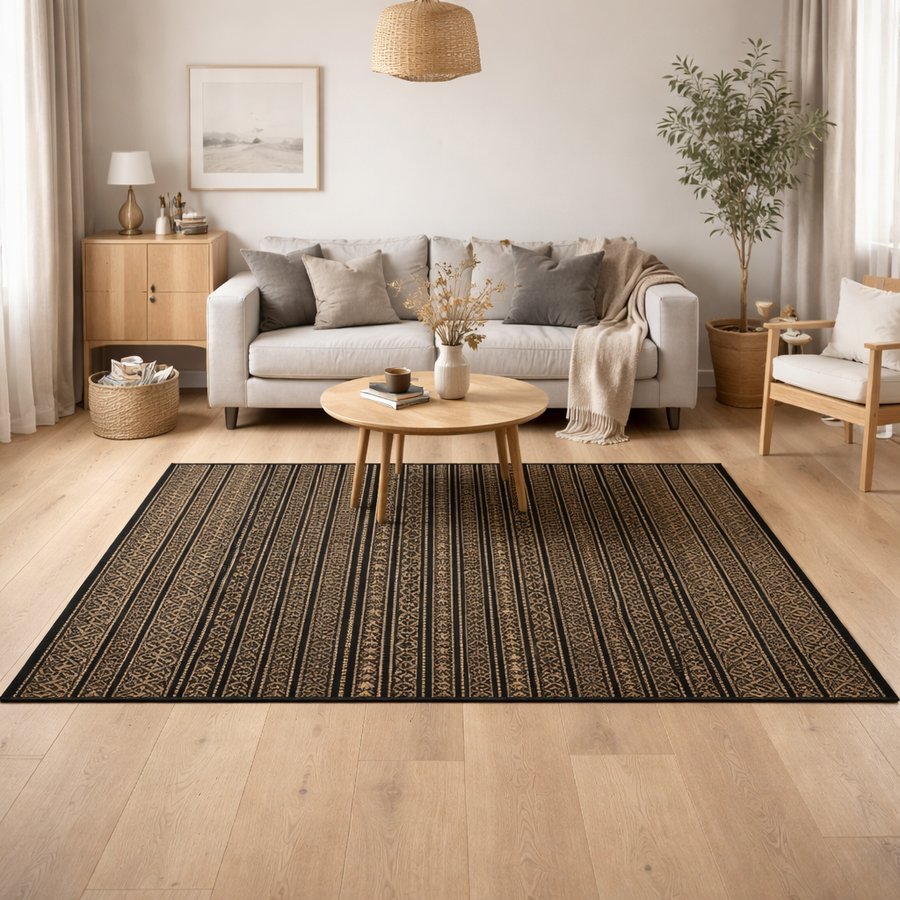 FARAH Gulvtæppe i Bomuld & Søgræs med Mønster fra Nordal | 160x240 cm | Natur, Sort hos uniquebeds, home & living - Billede 1