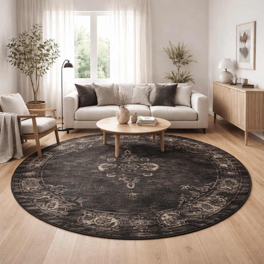 GRAND Gulvtæppe med Orientalsk Mønster fra Nordal | Ø240 cm | Sort hos uniquebeds, home & living - Billede 1